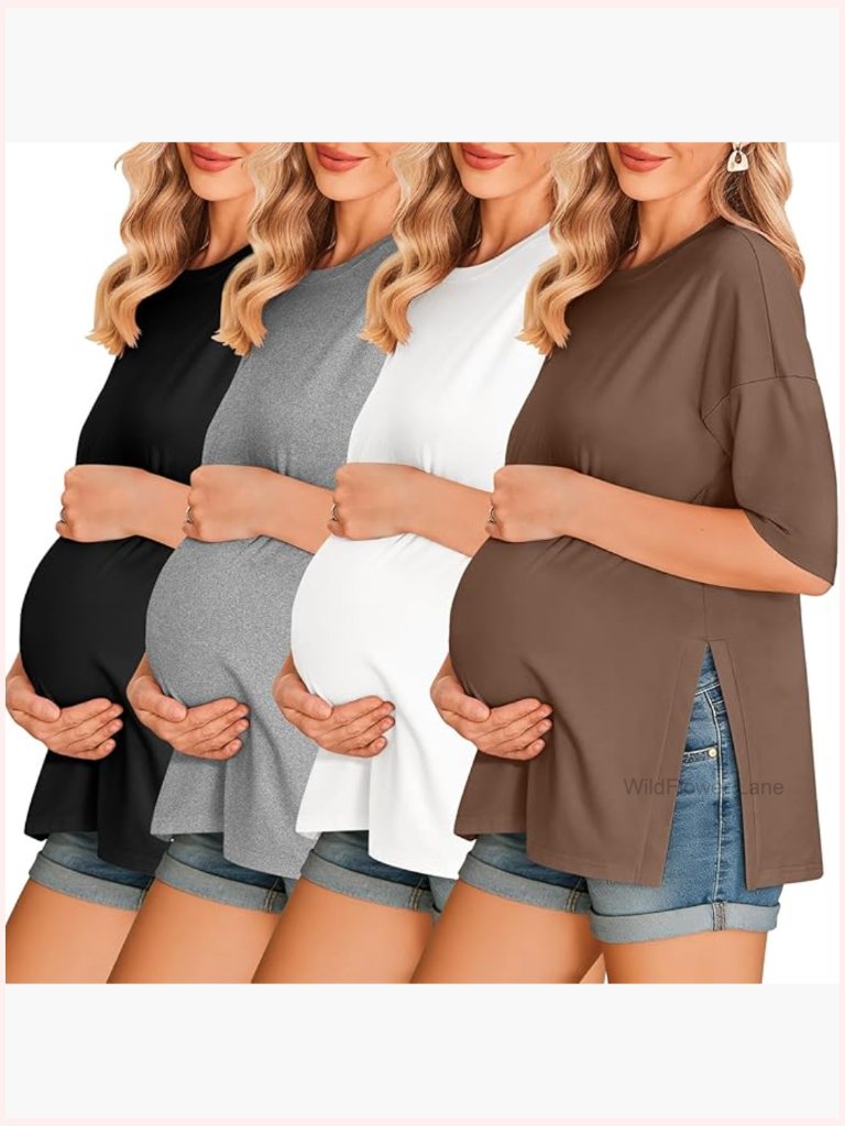 4 Pack Maternity T-Shirts Short Sleeve Side Split Pregnancy Tees